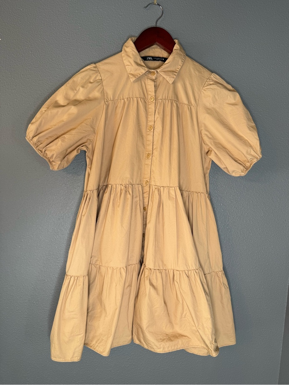 Zara Womens XS Beige Cotton Tiered Puff Sleeve Shirt Dress Pockets